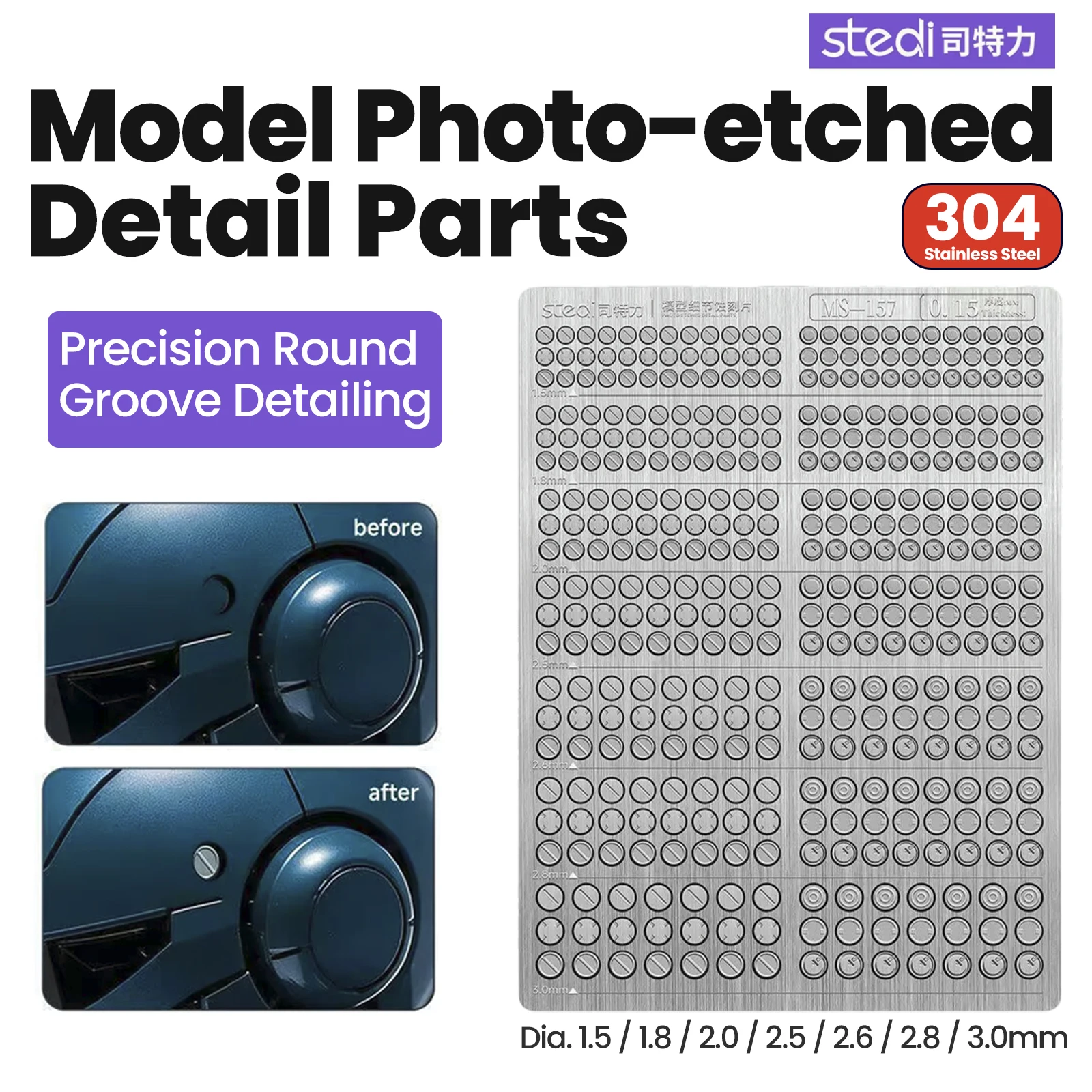 Stedi MS-157 Model Photo Etched Detail Parts Round Groove Detailing Kit Ultra Thin 0.15mm Design for Gundam Scale Model Upgrade