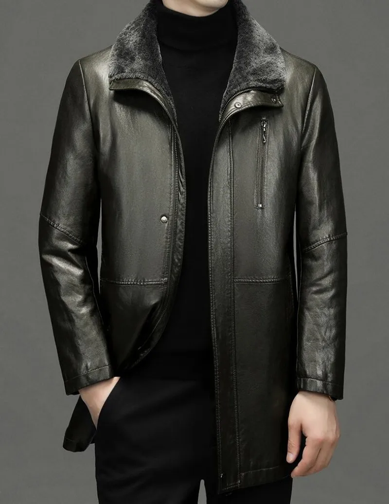 2023 Turn-down Collar Leather Men's leather jacket autumn and winter medium length leather windbreaker warm fur one-piece coat