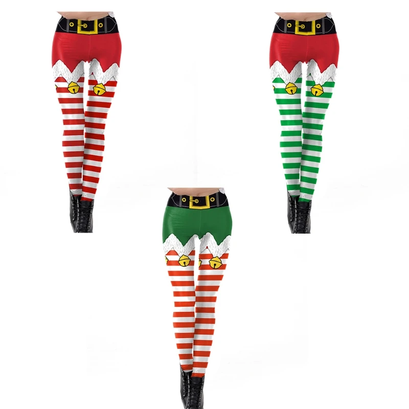 Mulheres falso elf shorts impressão leggings engraçado cinto listrado santa férias collants rise cosplay traje