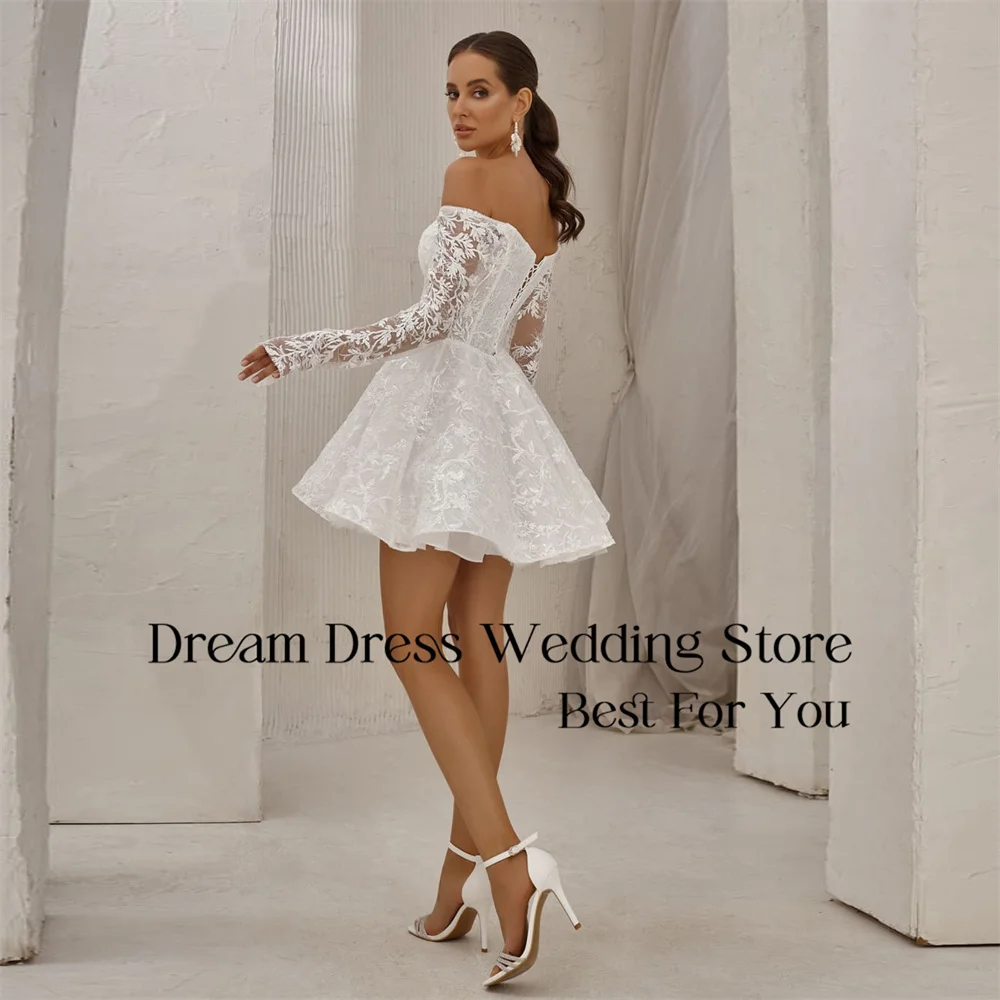 DREAM Lace Long Sleeve Short A-Line Wedding Dress Women Off The Shoulder Strapless Open Back Pleat Vestidos De Noiva Customized