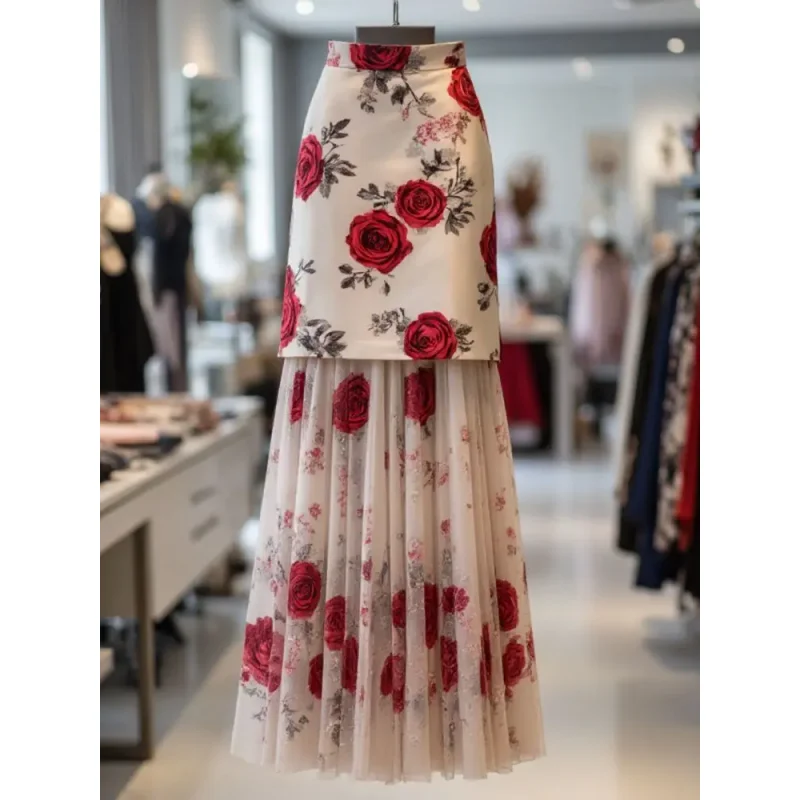 

New Summer Fashion Rose Printed Skrit Women High Waist Slim Mesh Patchwork Pleated Bodycon Long Skirts Elegant Party