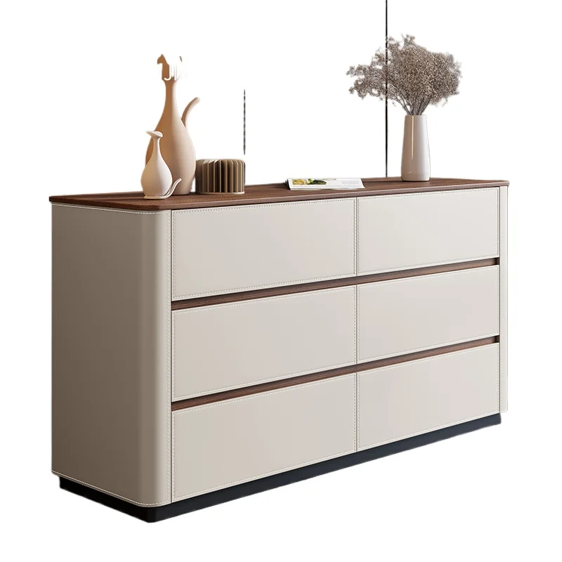 

Minimalist saddle leather dining side cabinet household small apartment storage drawer side cabinet solid wood high bedroom