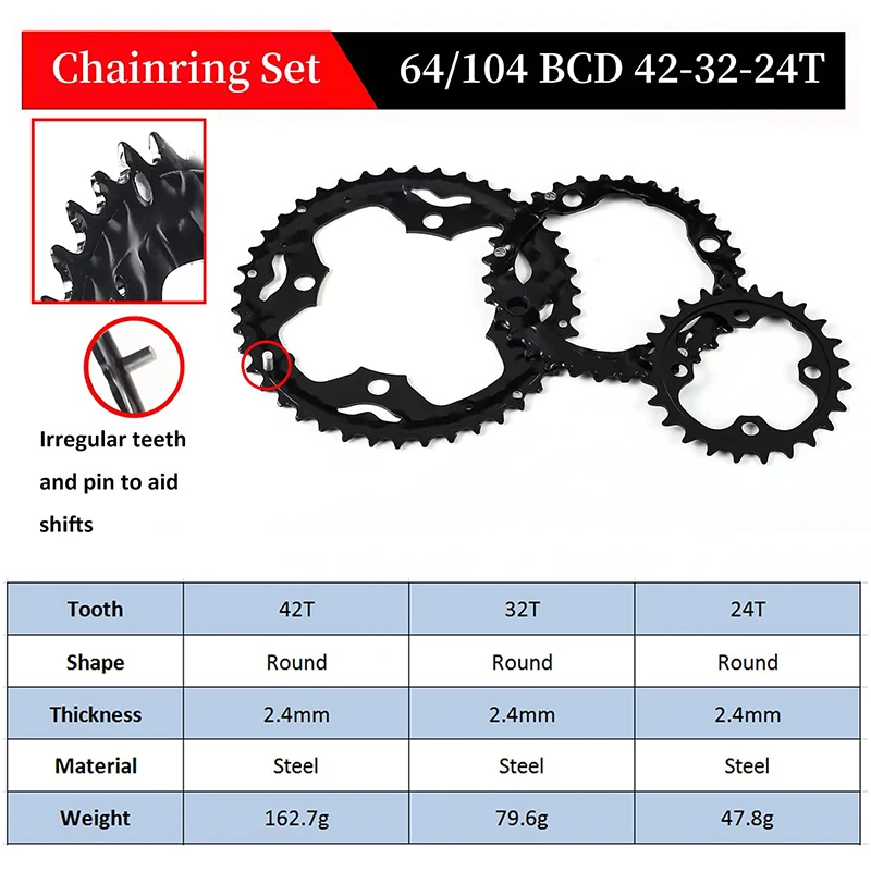 BUCKLOS MTB Chainring 104BCD 64BCD Bicycle Chain ring 22/24/26/32/38/42/44T Double/Triple Speed Mountain Bike Chainwheel