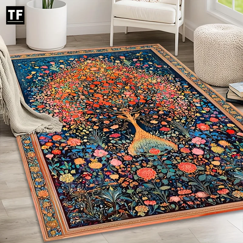 Luxurious Velvet Area MatSoft Polyester Non-Slip & Machine Washable, Bohemian Persian Design with Vibrant Floral