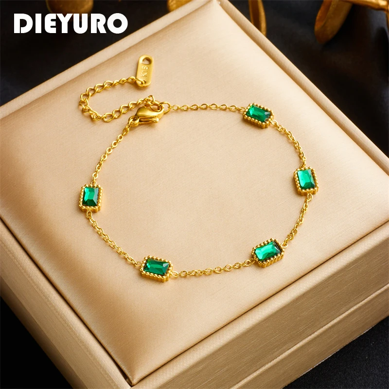 DIEYURO 316L Stainless Steel Square Green Zircon Crystal Charm Bracelet For Women Girl New Trend Luxury Chain Non-fading Jewelry