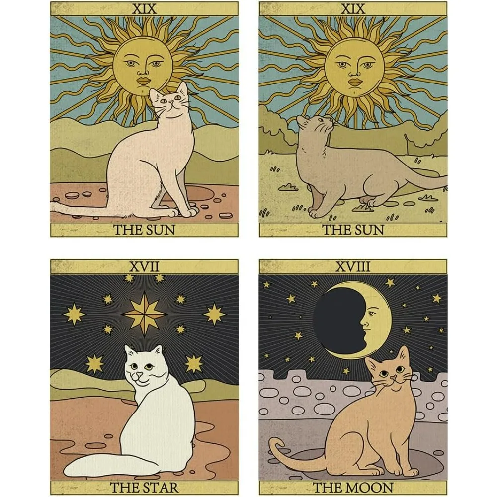 4 Pieces Cute Tapestries Cat Tarot Small Size Aesthetic Tapestry Wall Hanging Vintage Aesthetic Home Decoration for Bedroom