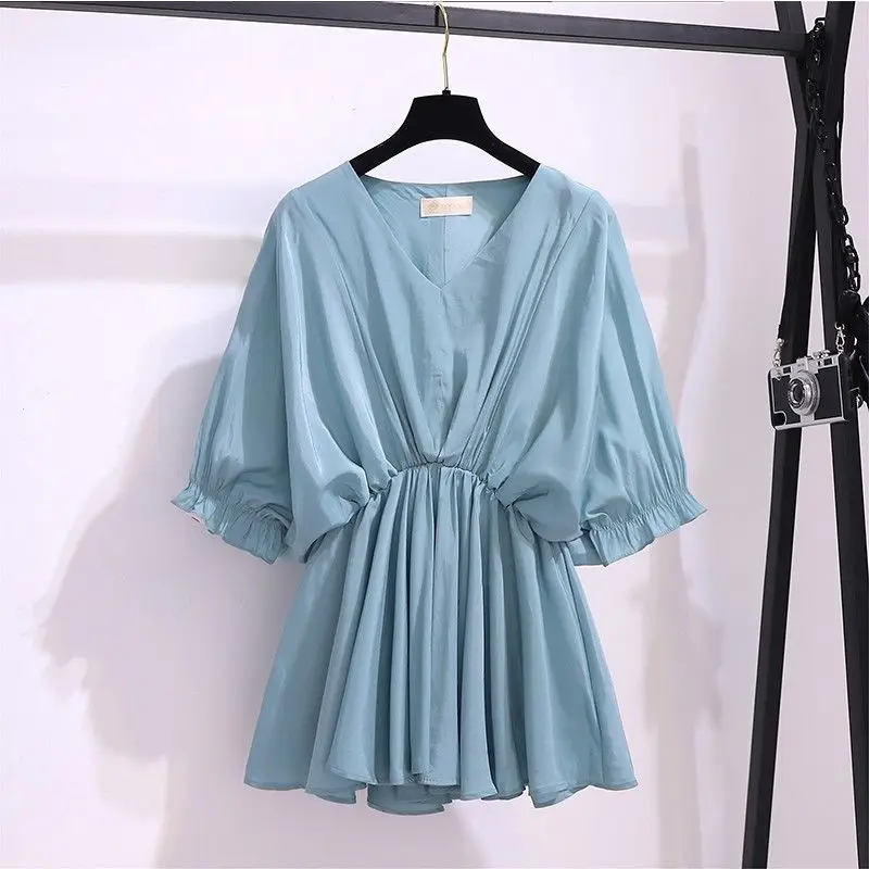 

Elegant V-Neck Spliced Shirring Puff Sleeve Blouse Female Clothing 2023 Summer New Oversized Casual Pullovers Office Lady Shirt