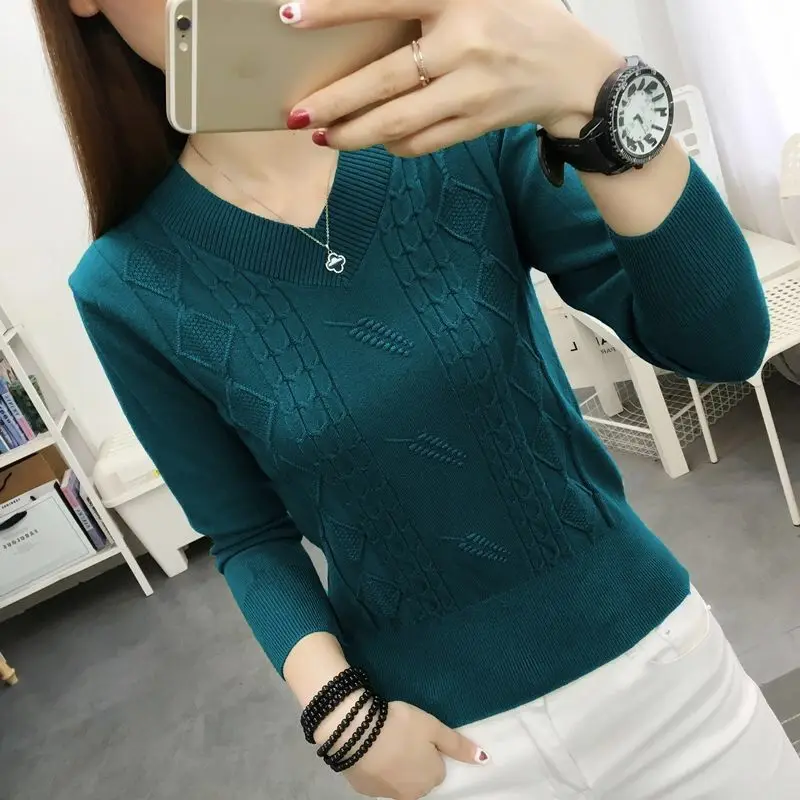 Screw Thread Women's Clothing Autumn Winter Long Sleeve Solid Color Pullover Sweater Knitted Casual Fashion V-Neck Trendy Tops