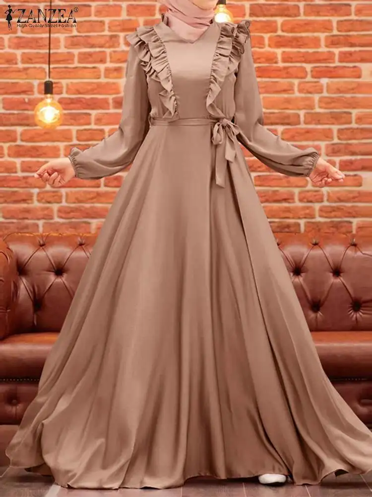 Zanzea elegante Robe islamische Kleidung Herbst stilvolle Satin muslimischen Kleid Frauen voller Ärmel Vestidos Truthahn Abaya Rüschen Sommerkleid