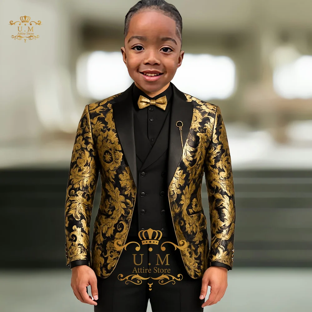 الفاخرة الجاكار الأولاد دعوى 3 قطعة مجموعة الذهب الأسود السترة صدرية السراويل مصممة خصيصا صالح لحفل الزفاف Pageboy حفلة موسيقية الاطفال سهرة #1