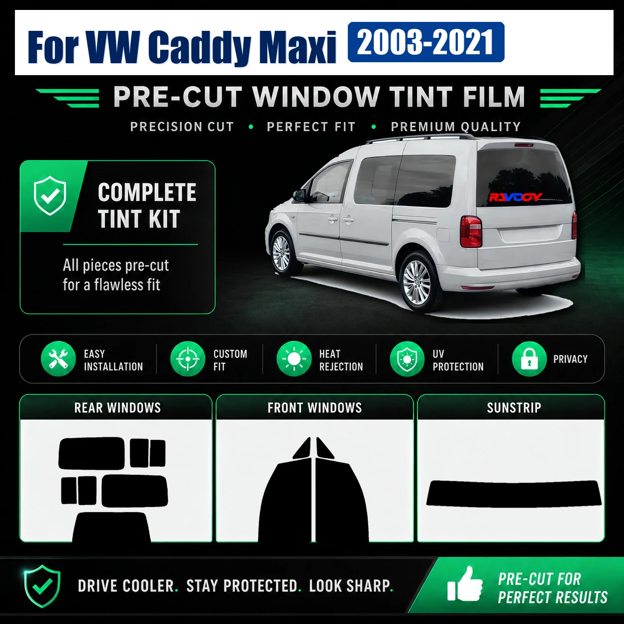 For VW Caddy Maxi 2003-2021 Tint Film Tailored Complete Window DIY Install Kit
