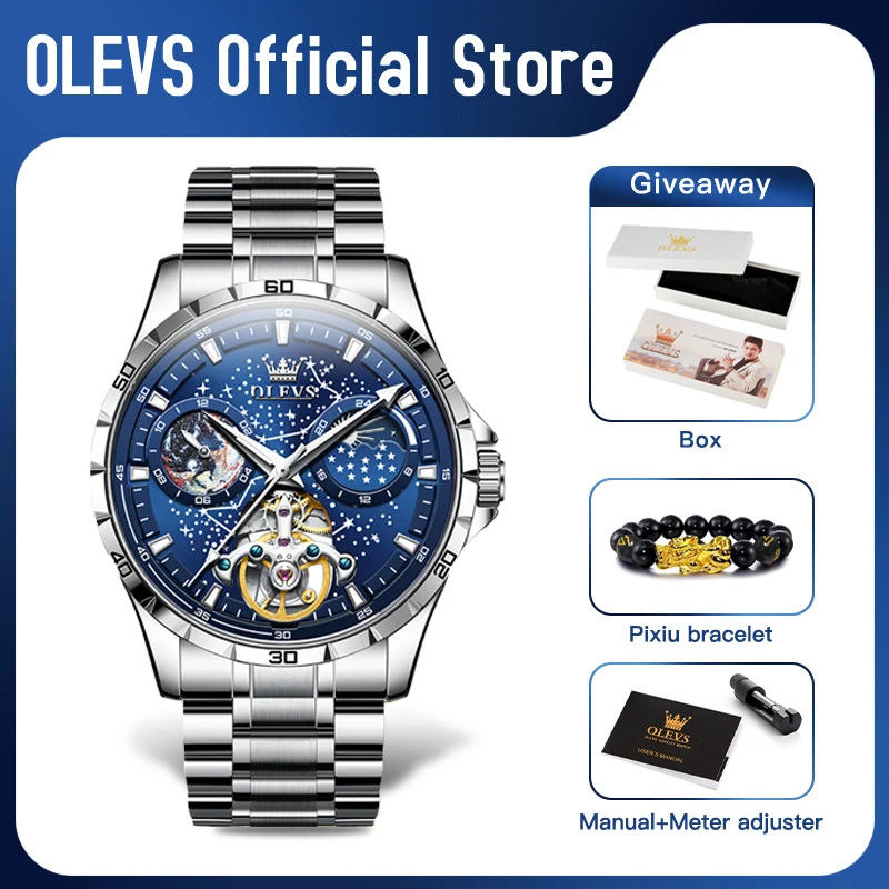 OLEVS Original Brand Men\'s Watches Waterproof Multifunctional Luminous Fully Automatic Mechanical Watch Moon Phase Starry Disk