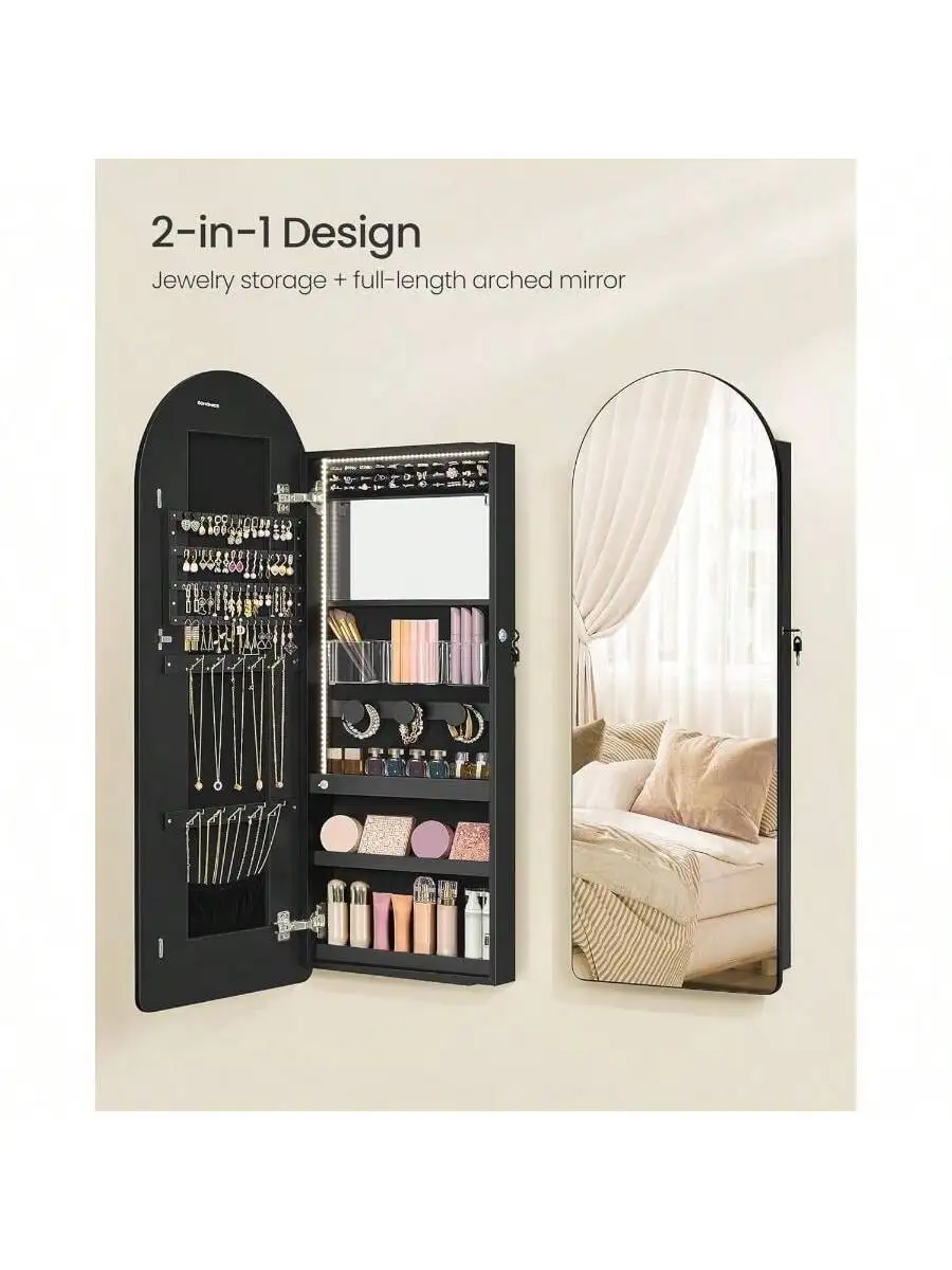 SONGMICS Wide Jewelry Organizer, LED Jewelry Cabinet Wall/Door Mounted, Arched Mirror with Storage, Lockable, Rounded Corner