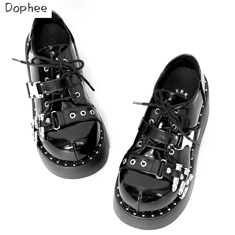 Dophee Original Spice Girls Students Thick Soled Shoes Round Head Metal Bullet Buckle Heighten Women's Lace-up Platform Shoes