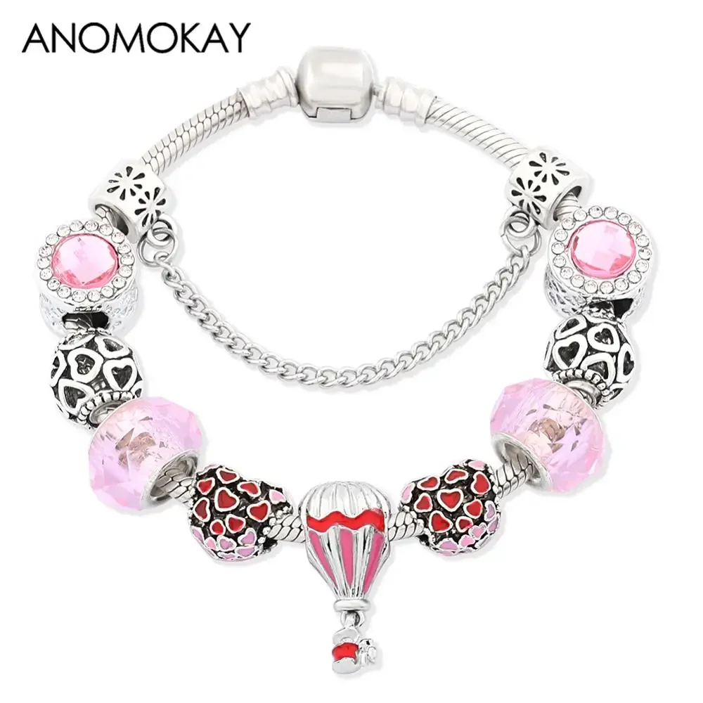 Romantic Red Enamel Heart Hot Air Balloon Charm Bracelet Pink Crystal Bead Bracelets for Women Girl DIY Jewelry Gift