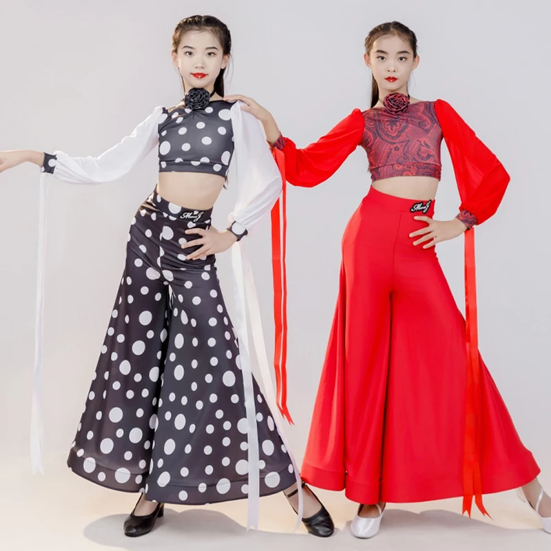 

Ballroom Dancing Costume Girls Red/Polka Dots Lantern Sleeve Tops Skirt Tango Practice Wear ChaCha Latin Dance Clothing VDB7864