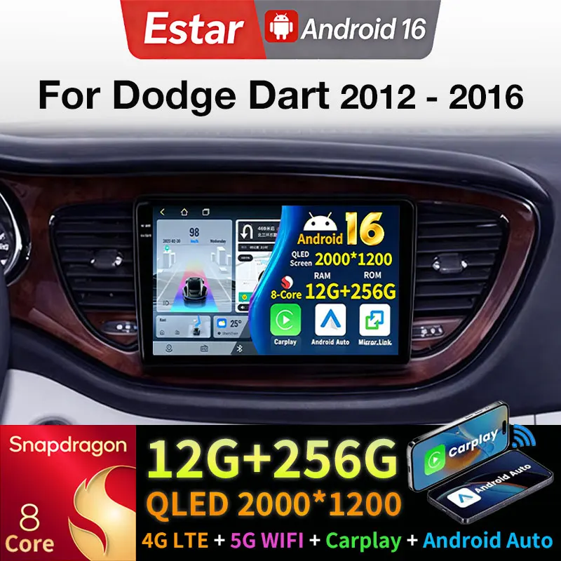 Radio para Auto Android 16 para Dodge Dart 2012-2016, Carplay Inalámbrico, Auto QLED, BT, 4G+5GWIFI, DSP, Reproductor Multimedia de Video, Unidad Principal 2Din