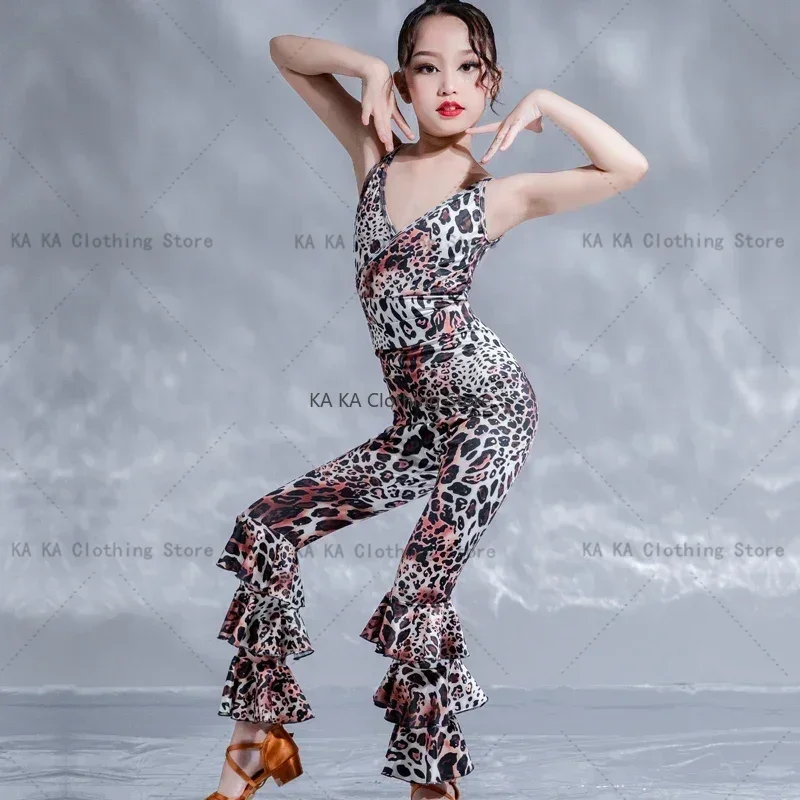 Rumba Leopard Latin Dance Dress Girls Competition Chacha Tango Salsa Latin Dance Stage Dress Showgirl Latin Dance Skirt Child