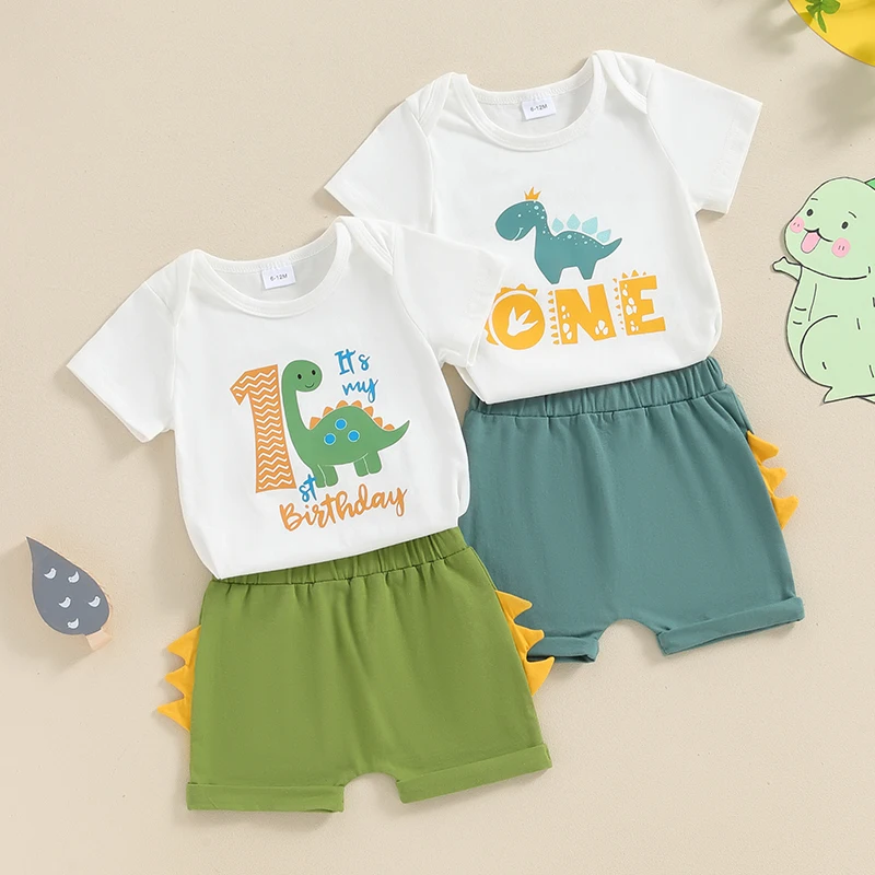 

Suefunskry Baby Boys 2Pcs Birthday Outfits Short Sleeve Dinosaur Print Romper + Shorts Set Newborn Clothes