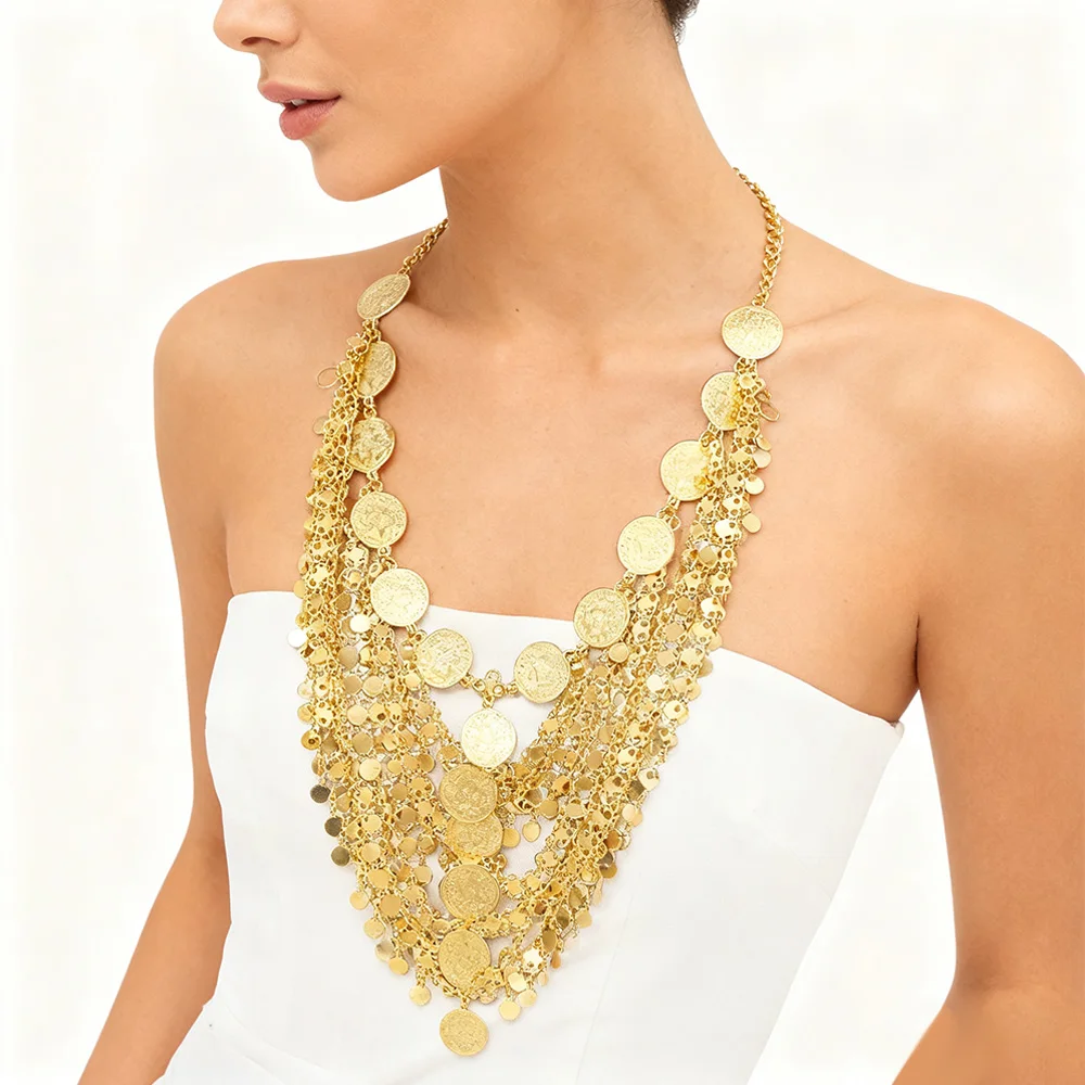 

Multi Layer Chain Necklace Coins Tassel Afghan Gold Plated Geometric Circle Pendant Chunky Jewelry for Bohemian Gypsy Turkish