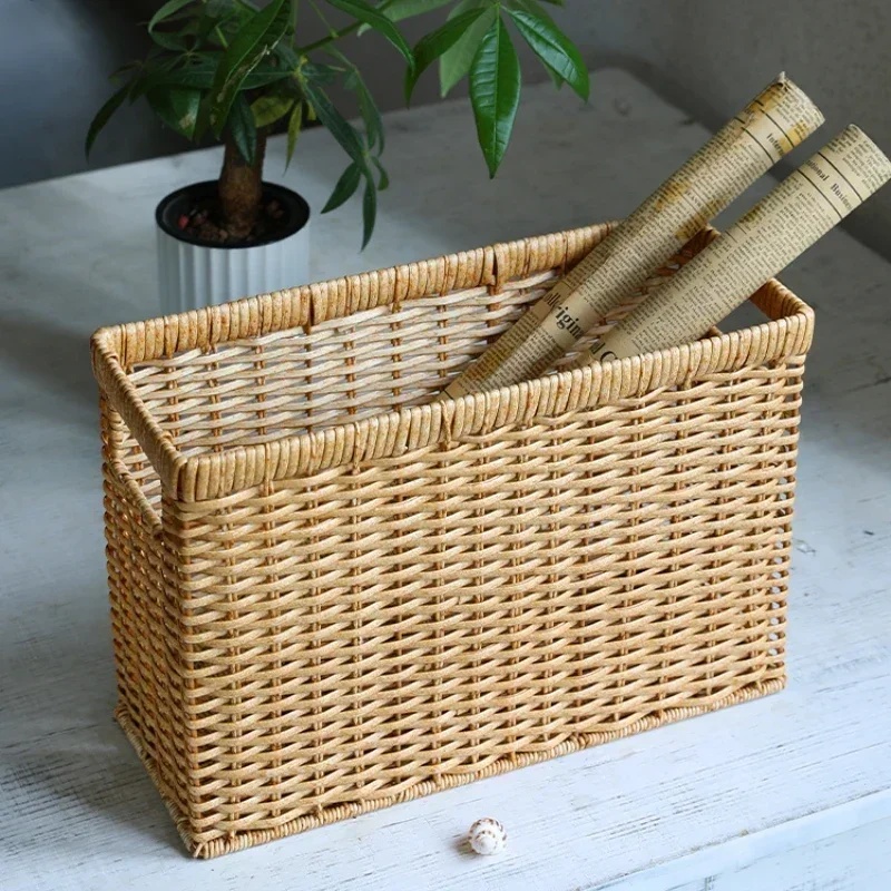 Elegant Rattan Magazine Basket Imitation Rattan Design, Ideal for Toys, Calligraphy and Painting Storage, Versatile Basket