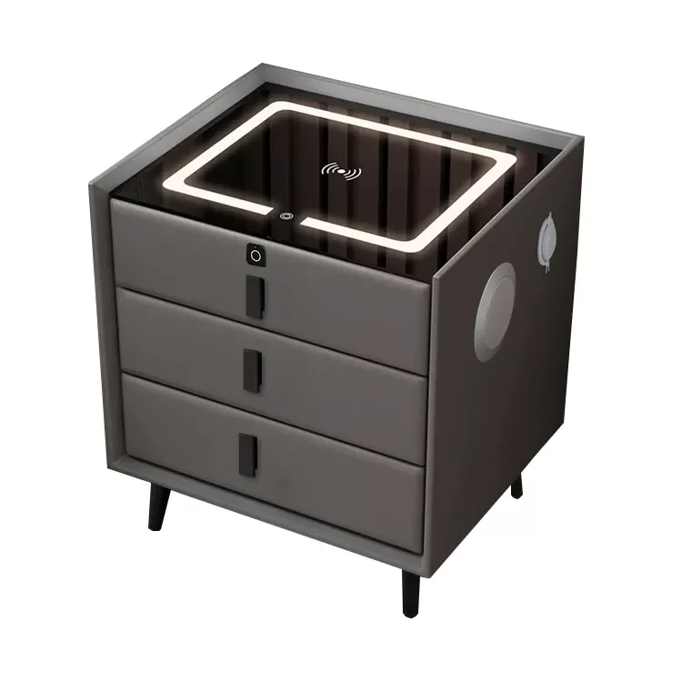 

New Arrival Custom Wireless Charging Fingerprint Unlock Drawers Desktop Led Ambient Light Bedside Table Acrylic Nightstand