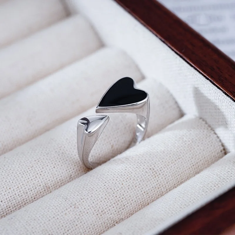 Aesthetics Design Adjustable Silver Color Rings Women Fashion Elegant Vintage Black Love Heart-shape Girl Birthday Jewelry Gifts