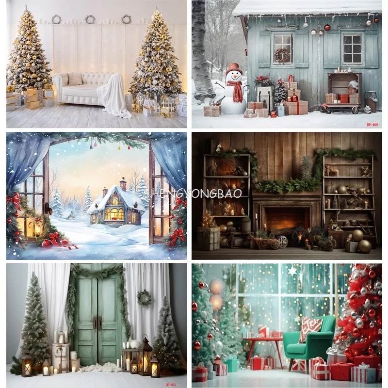 

SHENGYONGBAO Christmas Day Fireplace Photography Backdrops Prop Living Room Interior Pedestal Storefront Door Background DR-15