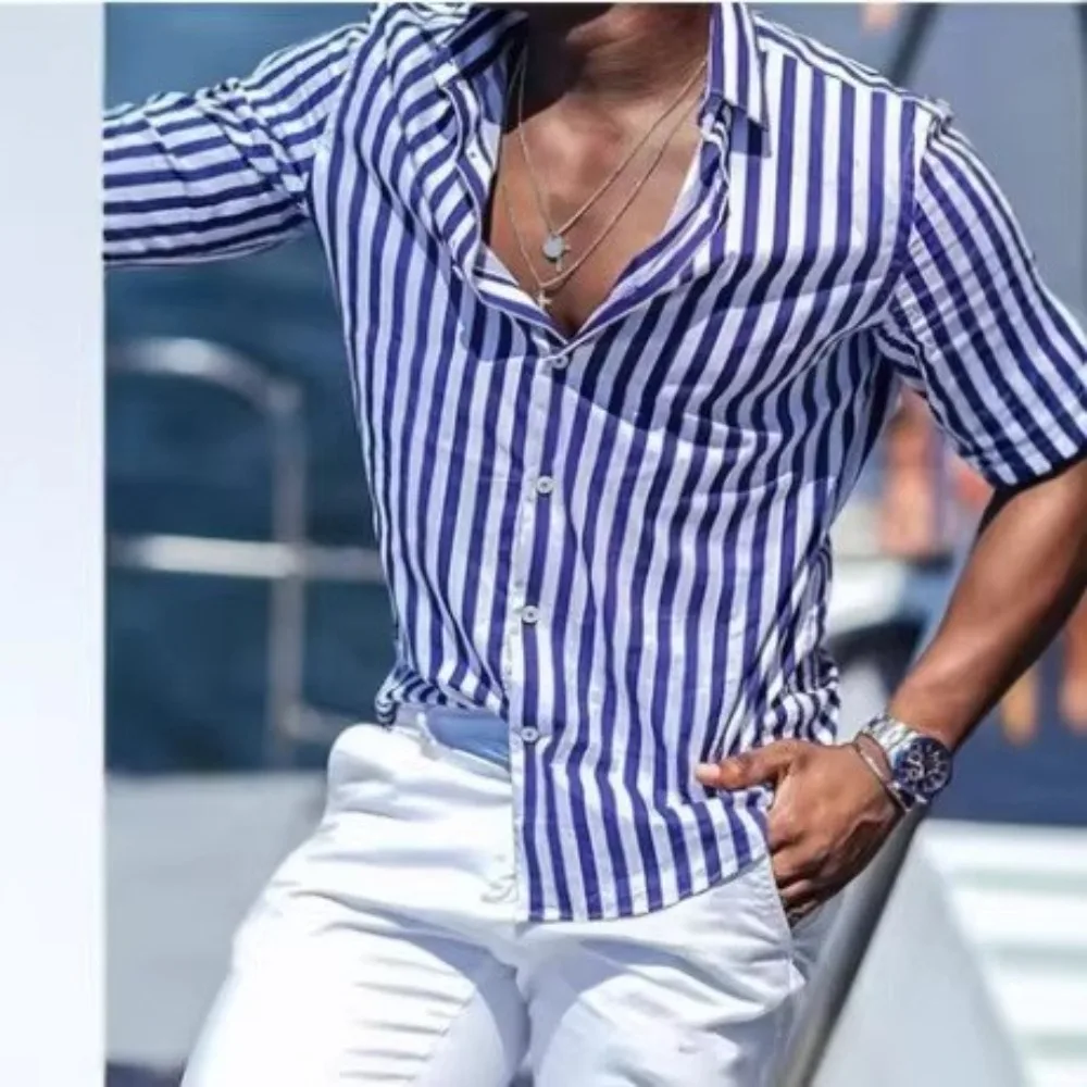 

Новая мужская рубашка с длинным рукавом в полоску из пряжи, повседневная, свободного кроя, с 3D цифровым принтом, весна-осень