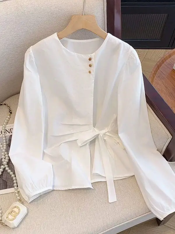 

Ele Pure Cotton Long Sve irt with Bow Tie Design Korean Sle Knot Split High Quali Women's Busin Cas...