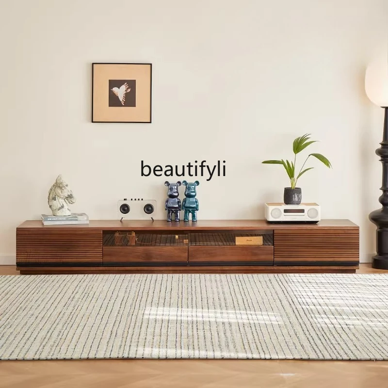 

Black walnut TV cabinet Solid wood living room home TV cabinet Floor storage locker