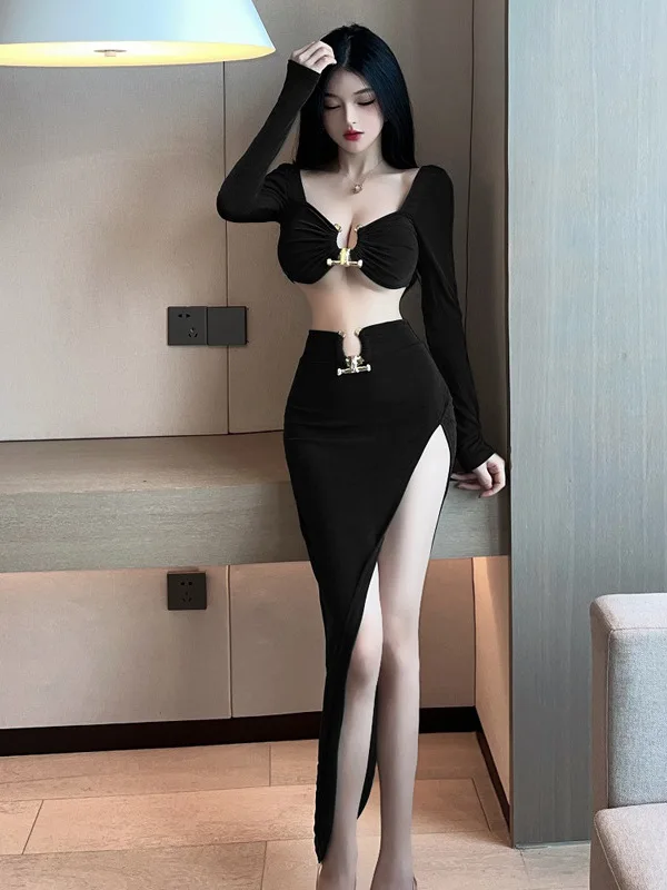 2023 New Hollow Out Solid Colour Elegant Charm Mature Gentle Skirt Sexy Open Navel Patchwork Bra Jacket Split Skirt Set W331