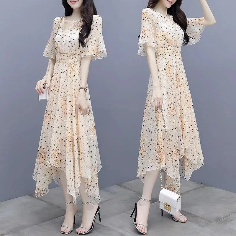 Floral Irregular Women Dress 2024 New Summer Super Fairy Sen Female Waist Slim Temperament Ladies Flared Sleeve Chiffon Dresses