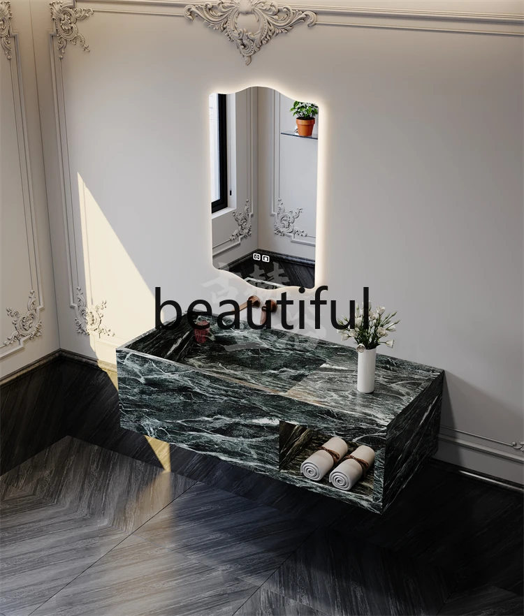 

Luxury stone narrow side deep sink wall-mounted marble rock slab hand wash basin bathroom cabinet