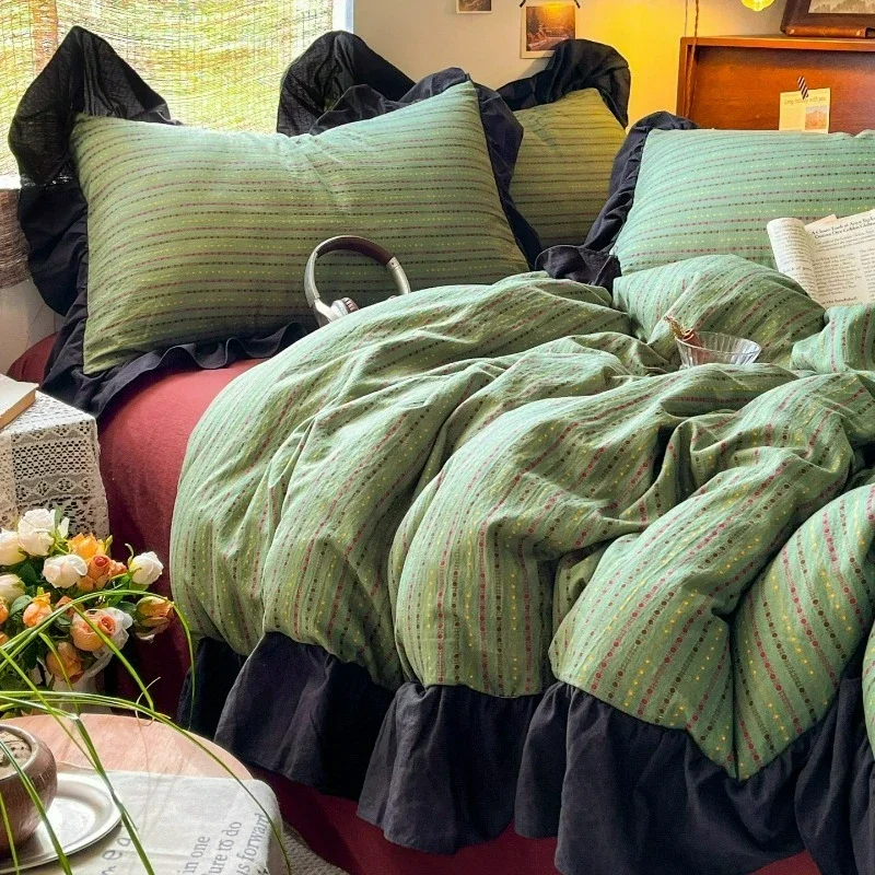 Retro Bedroom 4-piece Set Pure Cotton Hepburn Ruffled Edges Double-layer Yarn Retro Rustic Style Bed Sheets Duvet Bedding