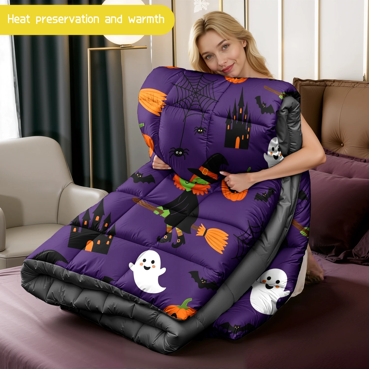 3pcs Halloween Comforter Bedding Set-1pc Comforter + 2pcs Pillowcases Soft Breathable for Home Decor Style 02