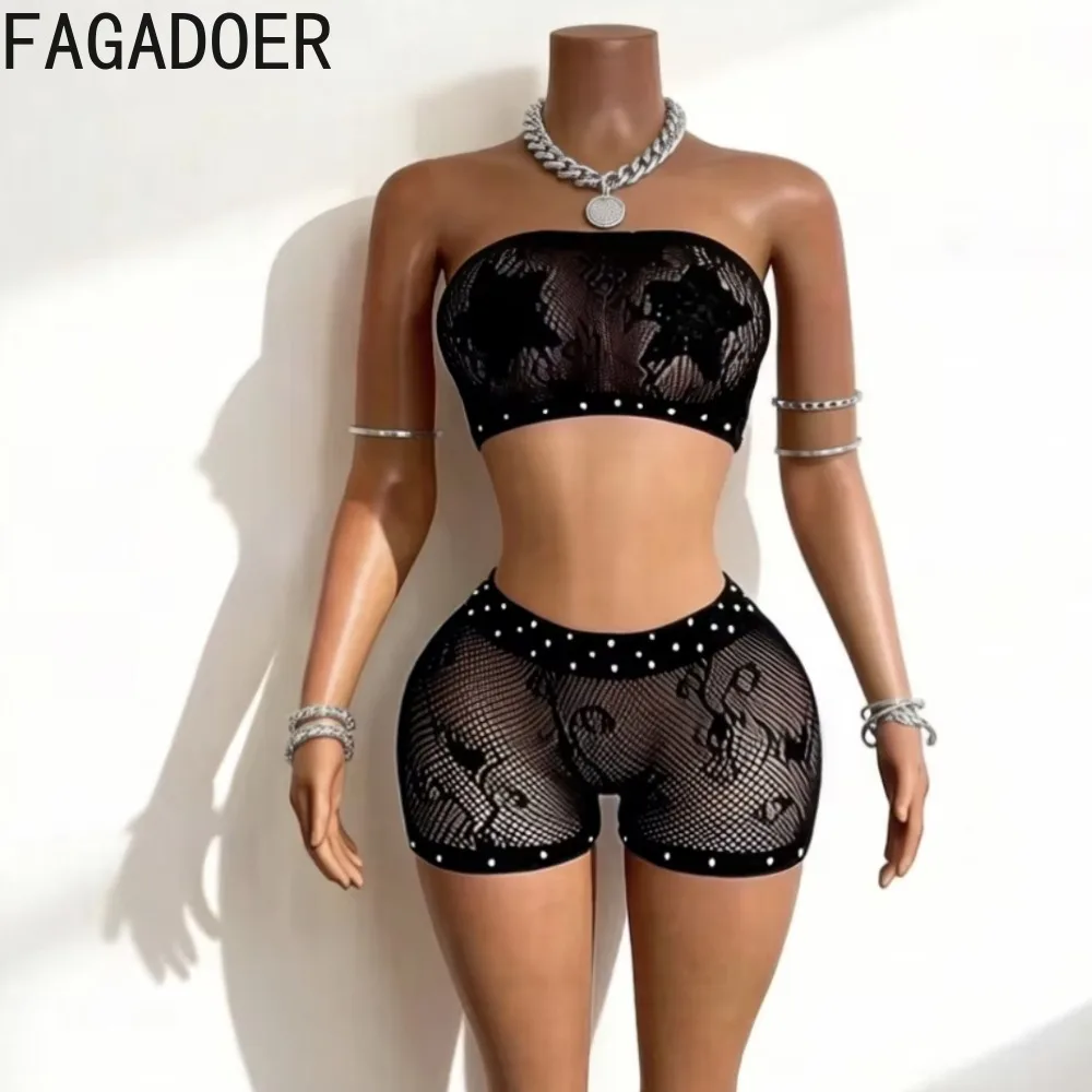 FAGADOER Sexy Lace Shorts 2 Piece Sets Hot Girl Rhinestons Off Sholder Crop Top + Bodycon Shorts Outfits Night Party Club Suits