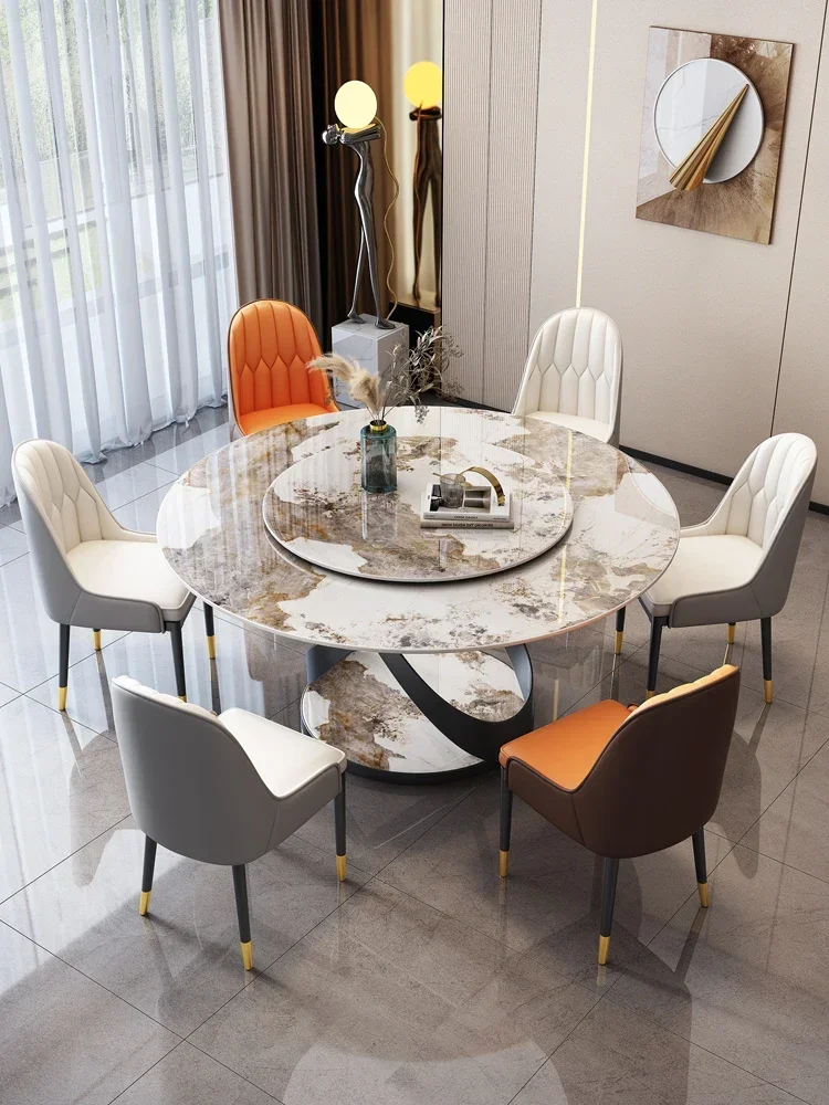 Marble circular dining table and chair combination, household round table with turntable, Italian rock plate dining table,