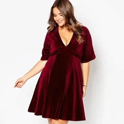 Plus Size Half Raglan Sleeve Elegant Velvet Dress Women V-neck Fit Flare A-line Party Dress High Waist Casual Spring Dress 6XL