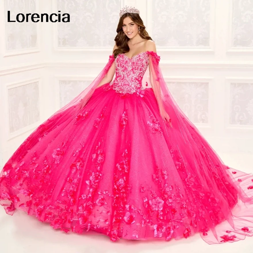 

Lorencia Pink 2024 Quinceanera Dress 3D Flower Applique Beaded With Cape Spaghetti Ball Gown Sweet 16 Vestidos De 15 Años YQD713