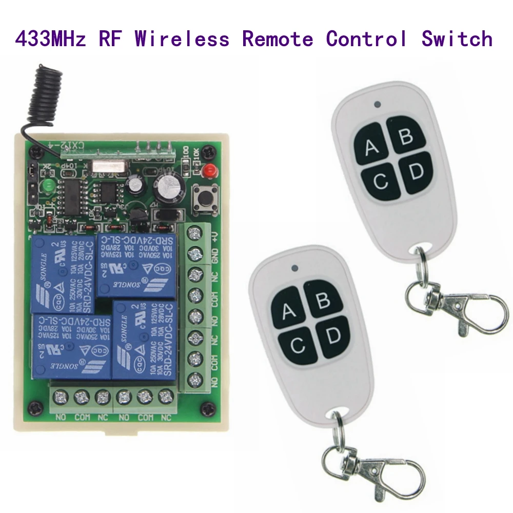

Universal Wireless Remote Control Switch DC12V 24V 4CH Relay Receiver Module With 4 Channels RF Remote Control Transmitter