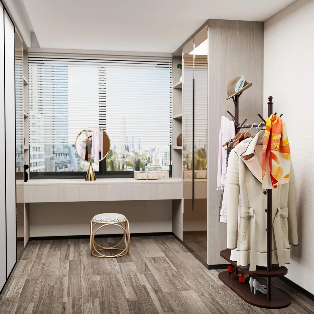 2-Tier Coat Rack Freestanding, Easy Assemble 8 Hooks Wooden Coat Rack with Shoe Storage Sturdy Coat Tree Save Space, Rustic Coat