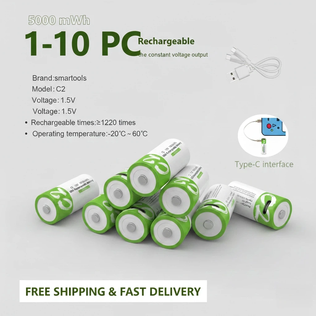 

1.5V 5000mWh C Size Rechargeable Li-po Battery Type-C Fast Charging LR14 Lithium Batteries for Flashlight Gas Cooker Radio