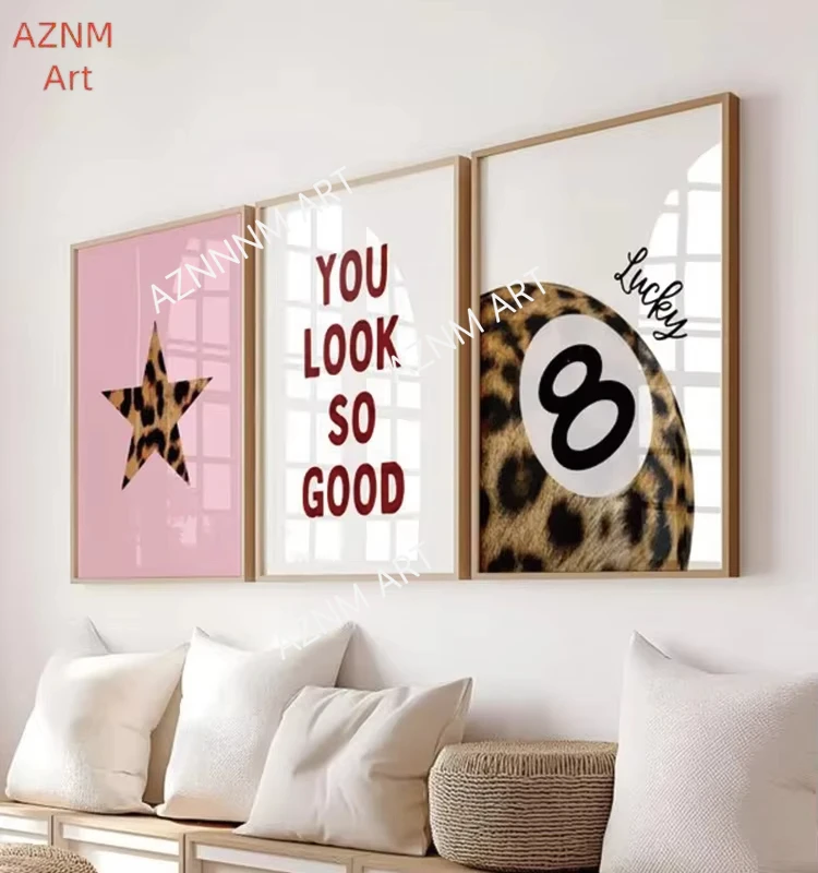 Moderne Leopardenmuster 8-Ball Lucky Y2K Estetico Wandkunstdrucke Leinwandgemälde Poster Bild für Wohnzimmer Schlafzimmer Heimdekoration