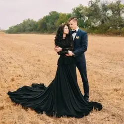 Black Gothic Wedding Dresses A-line Long Sleeves Satin Lace Boho Bohemian Wedding Gown Bridal Dresses Vestidos De Novia