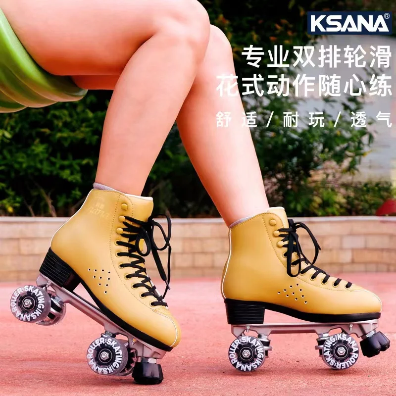 KSANA-Double Row Roller Skates Shoes for Men and Women, Microfiber Leather, Foot Protection, Four Wheels, Aluminum Alloy