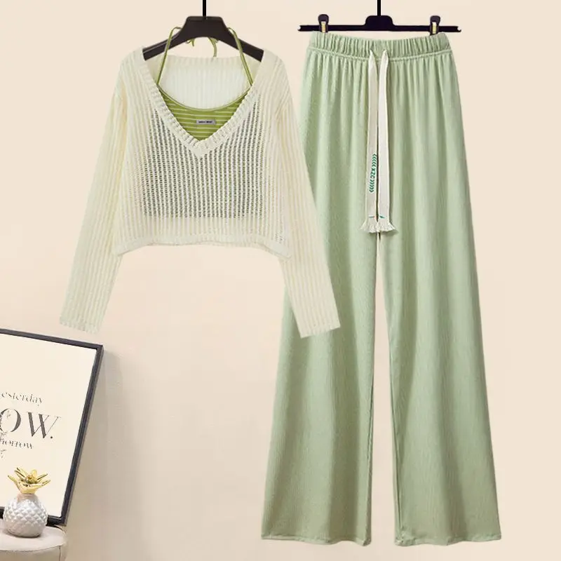 2024 Spring Summer Women Green Clothing Outfits Korean Lady Fashion Hollow Out Knit Tops Sling Vest High Waist Pants 3 Pcs Sets