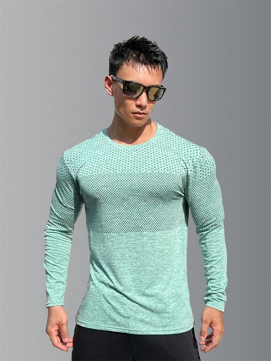 Men\'s Sport Long Sleeve Tops Quick Dry Fitness T-shirts Bodybuilding Gym Tees Casual Skinny Elastic Breathability Sportswear