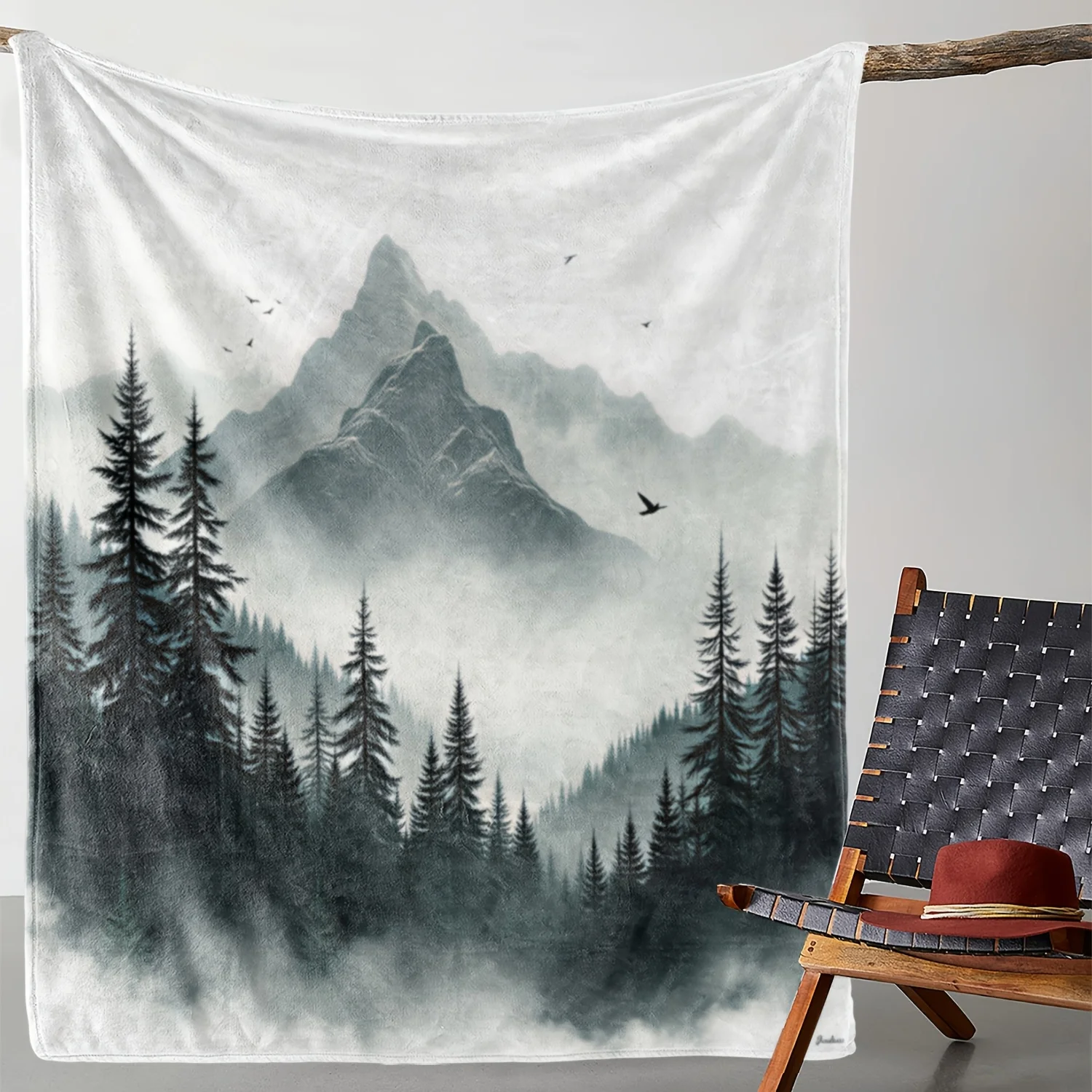 

1 шт. фланелевое одеяло с принтом горных лесных облаков и птиц, теплое и мягкое одеяло для дивана, кровати, автомобиля, офиса, кемпинга или путешествий
