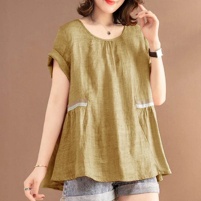 Streetwear Oversized Vintage Fashion Striped Patchwork Blouse Women Summer Casual O Neck Short Sleeve Loose Ladies Tops Clothing